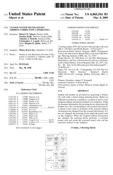 US patent 6,865,561 Closed system meter having address correction capabilities