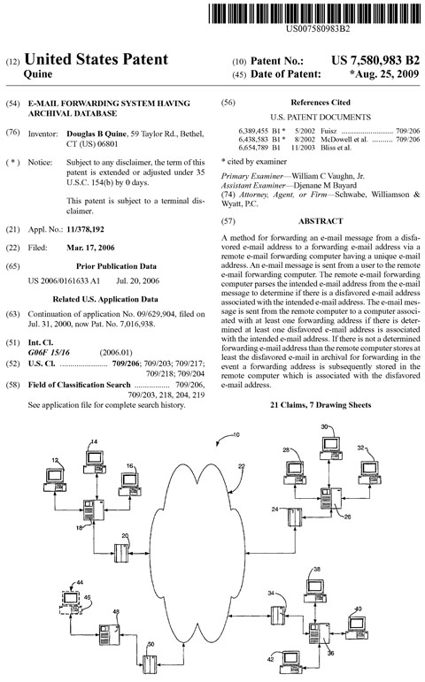 US patent 7580983 E-mail forwarding system having archival database