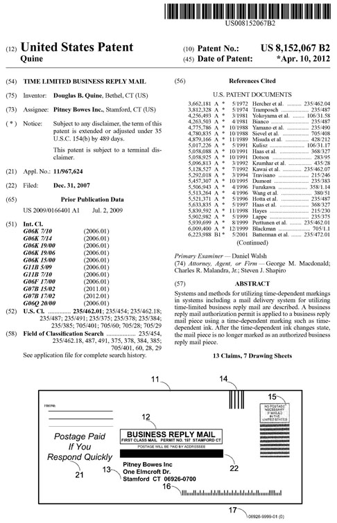US patent  8152067  Time Limited Business Reply Mail