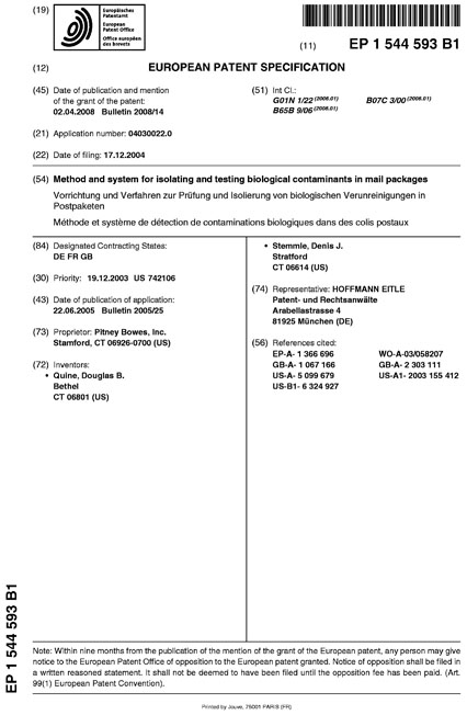 European Patent EP1544593 Method and system for isolating and testing biological contaminants