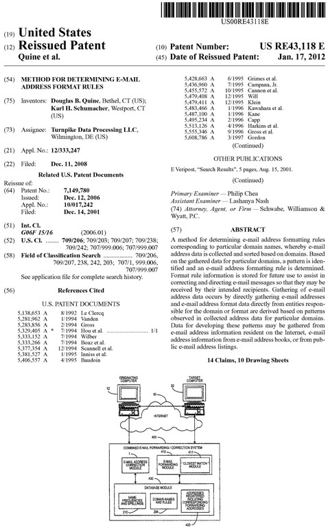 US patent  re43118  Method for determining e-mail address format rules
